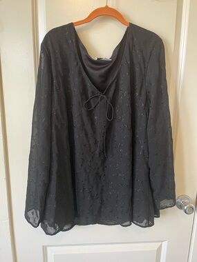 Tiramisu Black Sheer Embroidered Tie-Front Tunic